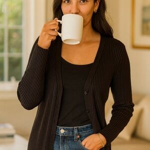 Lord & Taylor Woman 1X Black Ribbed Button Front Long Sleeve Cardigan Sweater